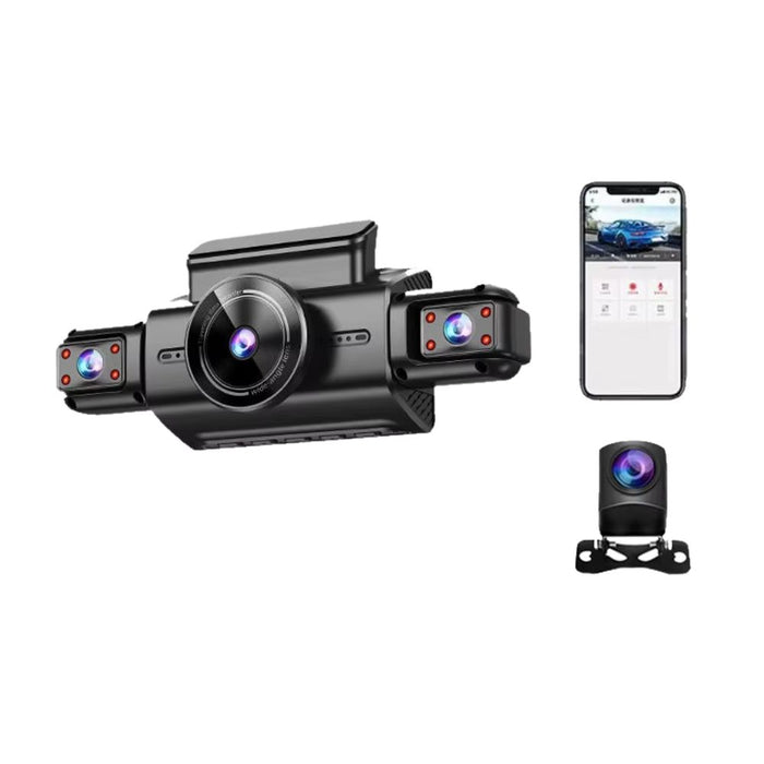 4K Ultra HD 4-channel dash cam capturing front, rear, left, and right views