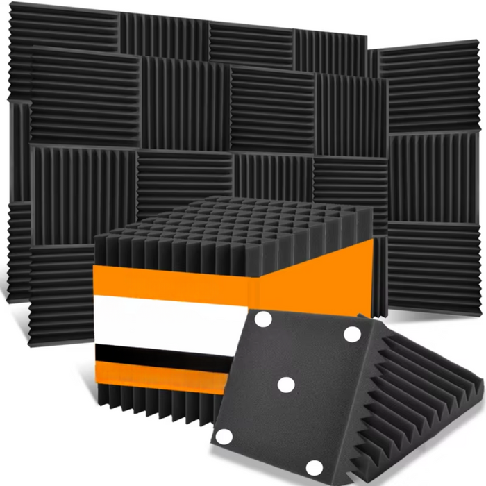 Black acoustic foam panels with triangular groove design for sound absorption
