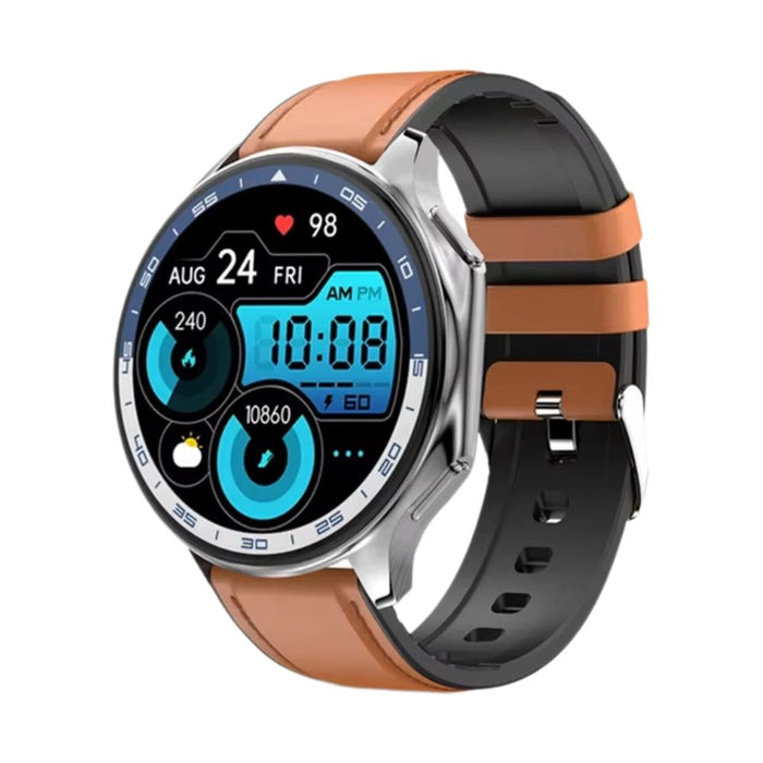 143 inch AMOLED smartwatch with Bluetooth call feature, 32GB storage, heart rate tracker, and brown leather strap