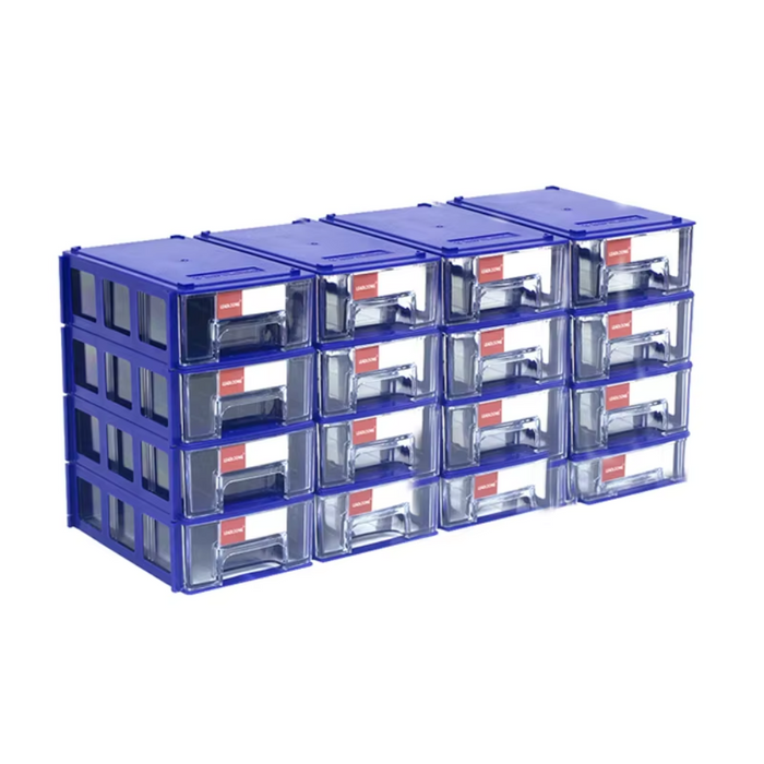 Mini stackable storage bins in blue for small tools and screws