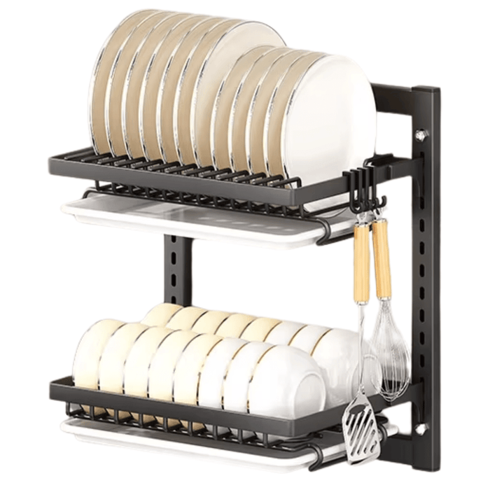 2-Tier Wall-Mounted Kitchen Dish Rack with Durable Metal Construction and Space-Saving Design