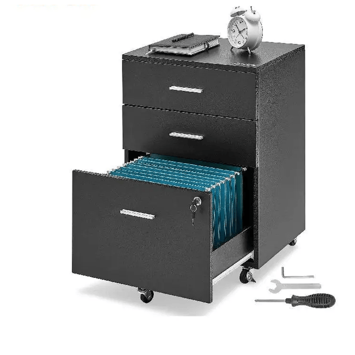 Premium 3-Drawer Wood File Cabinet Under Desk File Cabinet for Letter/A4 Size, Mobile Printer Stand with Lock and Hanging Rail - FLUXA
