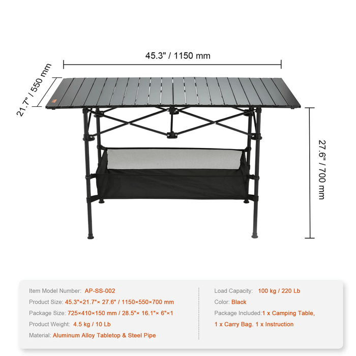 Portable Outdoor Folding Table with stain-resistant aluminum tabletop and hanging net for essentials storage