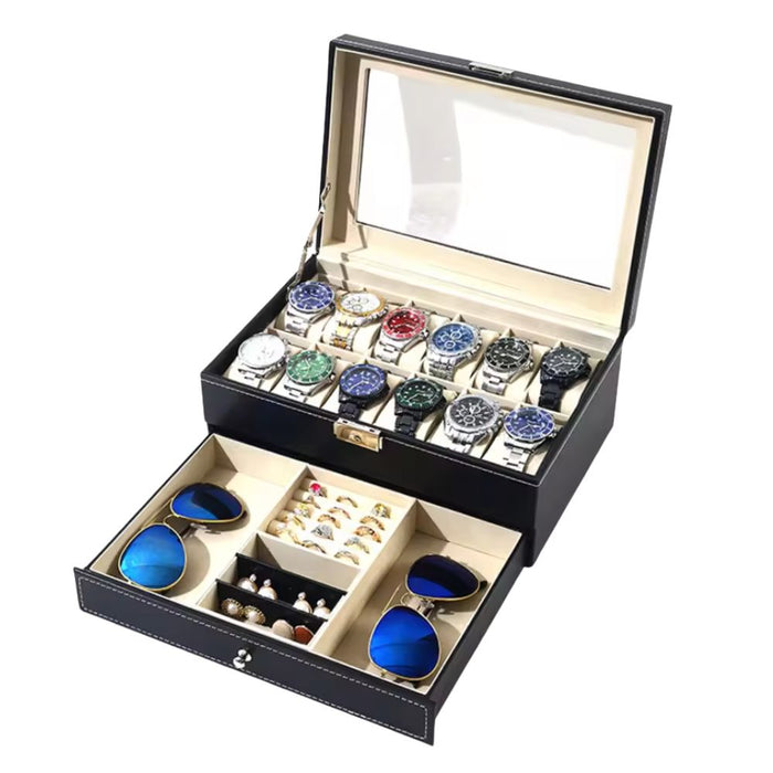 12 Slot Leather Watch Storage Box with Removable Pillows and Bottom Drawer