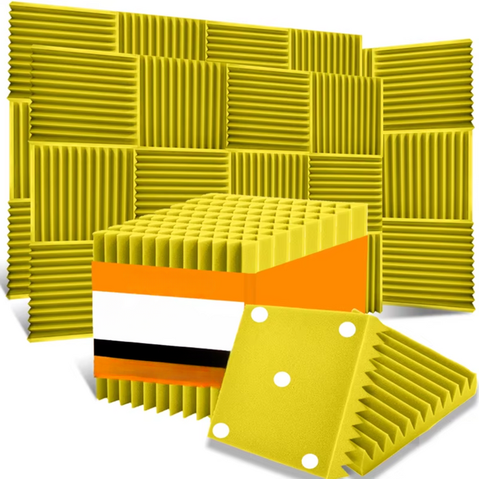 Yellow acoustic foam panel with triangular groove pattern for sound absorption
