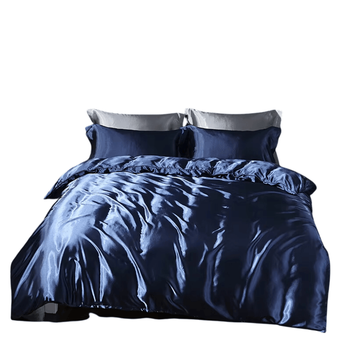 Luxury satin navy blue bedding set with fitted sheet and duvet cover