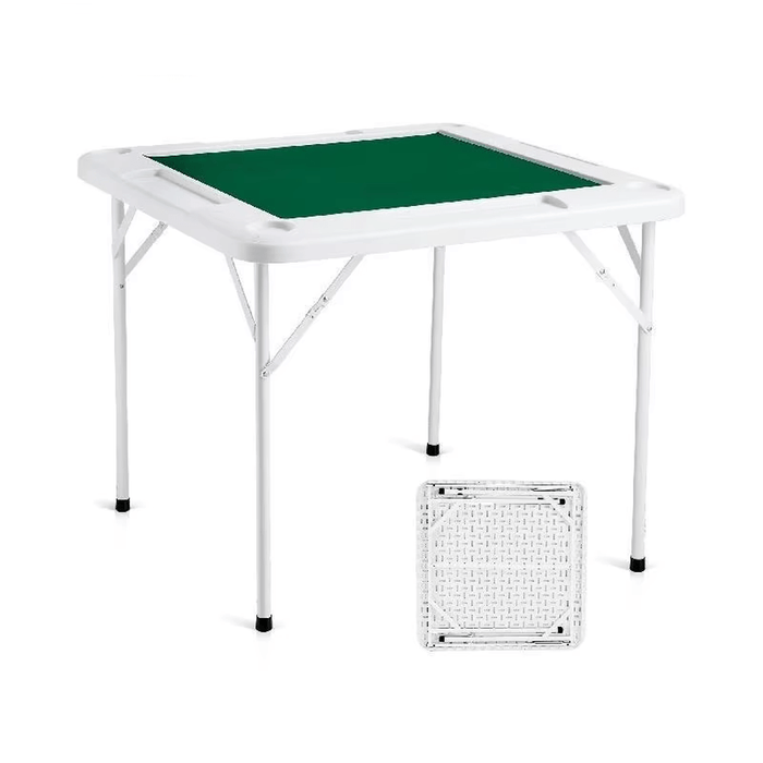 4 Player Folding Mahjong Domino Table with Wear-Resistant Top, 90cm Square, 4 Chip Trays (white + Table mat) with cup holders and chip trays for game essentials