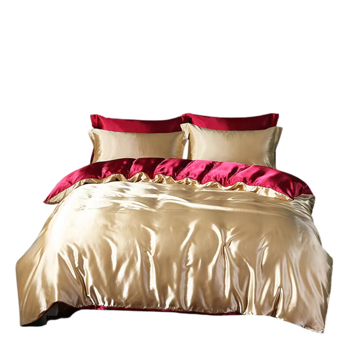 Luxury satin bedding set in wine red camel color with duvet cover, fitted sheet, and pillowcases
