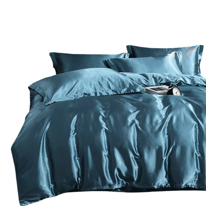 Luxury Satin Bedding Set with Fitted Sheet - High-Density Solid Color Duvet Cover and Pillowcases (Moonlight blue - 1.5m 4pcs) - FLUXA