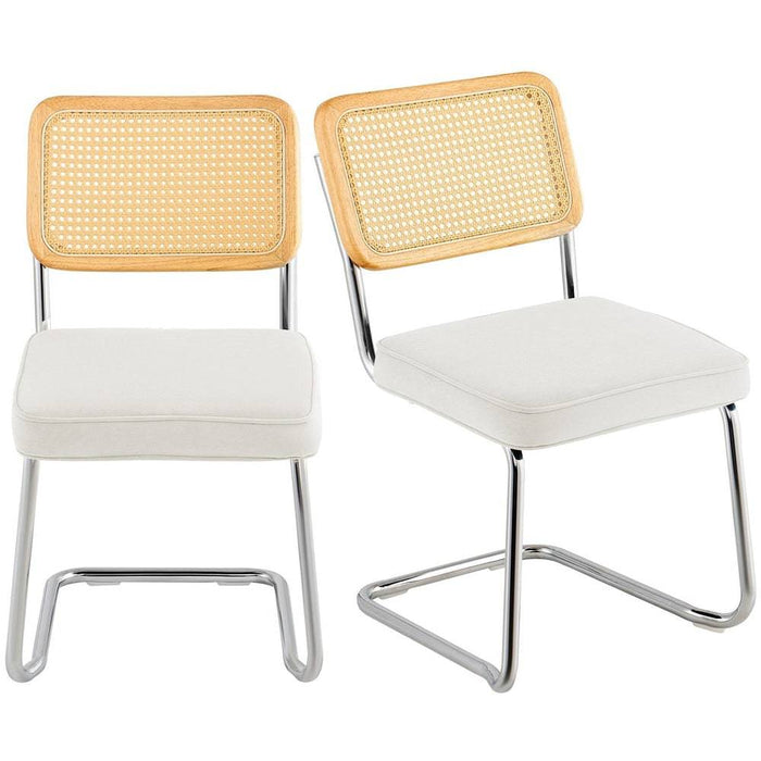 Mid-century modern rattan dining chair velvet upholstered accent in white