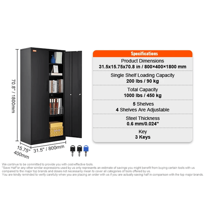 Metal storage cabinet with wheels and locking doors, adjustable shelves