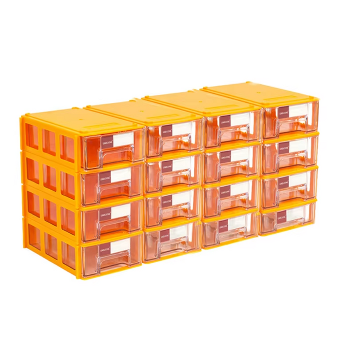 Mini stackable yellow storage box ideal for screws, crafts, and jewelry organization