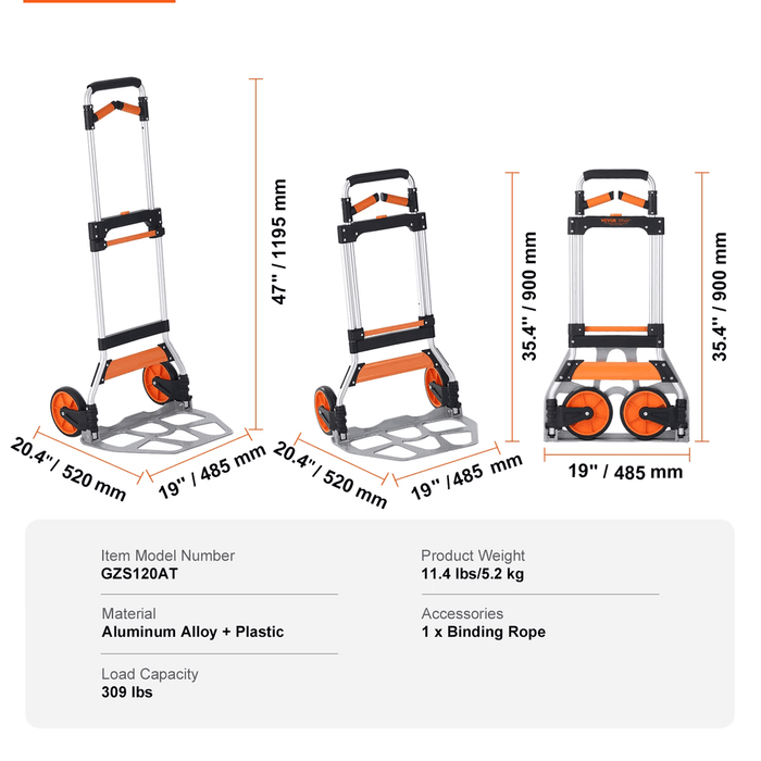 Portable dolly with durable construction and adjustable handle for heavy loads
