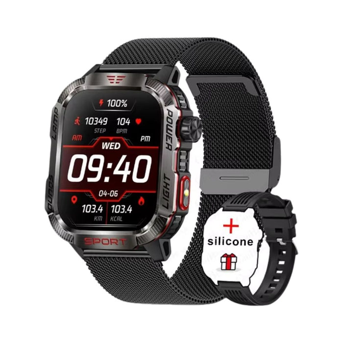 Waterproof Outdoor Smartwatch with Compass & Bluetooth Call – Black Mesh