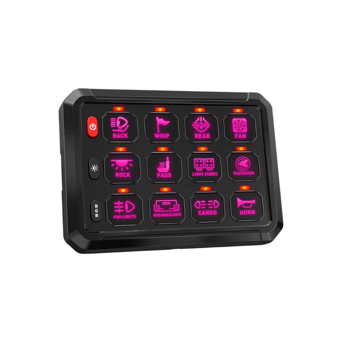 RGB Switch Panel 12 Gang LED Controller Work Light Box for Car Truck Boat UTV 4WD product in use on a dashboard with multiple switches and colorful LED lights