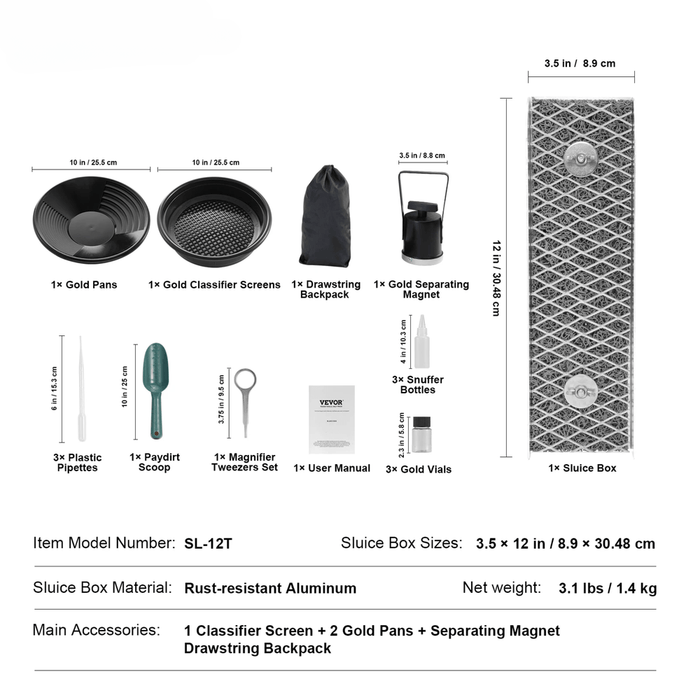 Aluminum alloy 30 cm Sluice Box Gold Panning Kit for prospecting