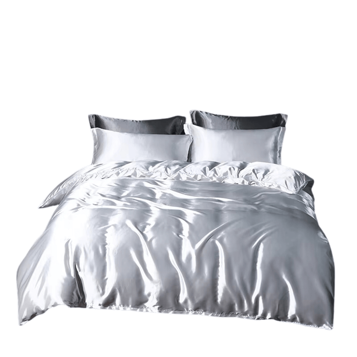 Luxurious white satin bedding set with high-density duvet cover and pillowcases