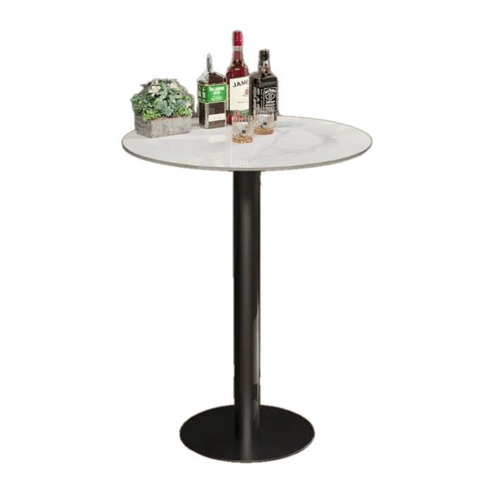 Modern white round bar table with sintered stone top and black metal base
