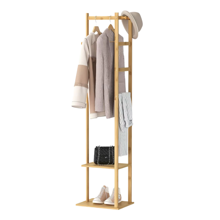 Bamboo clothes rack with hanger rod and three hooks