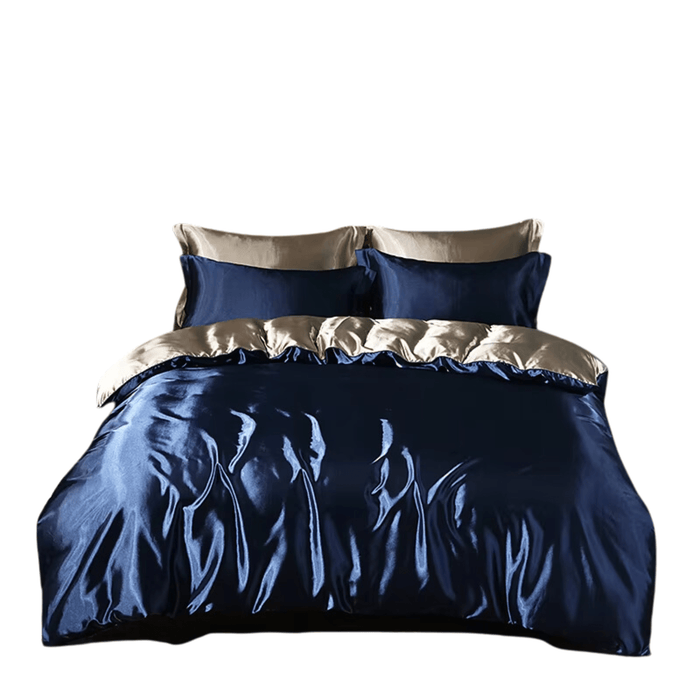 Luxury navy blue gold satin bedding set with high-density duvet cover, ideal for 18m bed