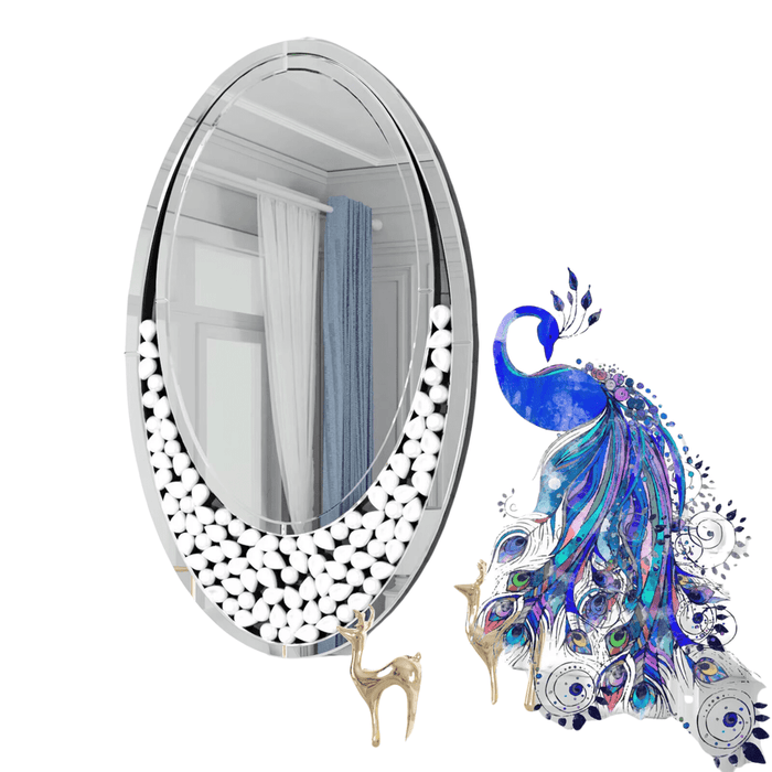 60x105 CM Modern Oval Wall Mirror with Bling Effect, Silver Venetian Accent for Hallway Bathroom Decor