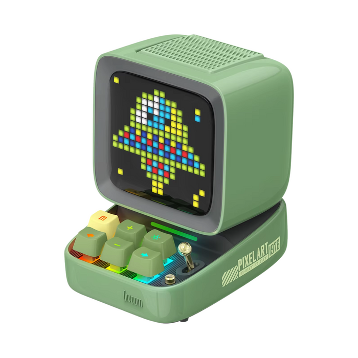 Green Bluetooth desktop speaker with customizable pixel art display and alarm clock