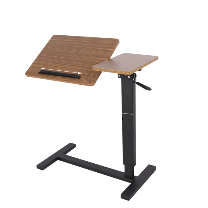 Adjustable height overbed desk with rolling wheels for mobility