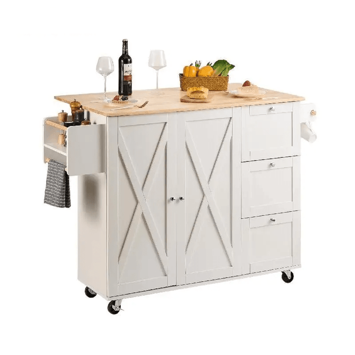 White mobile kitchen island with 3 drawers and rolling cart for home bar storage