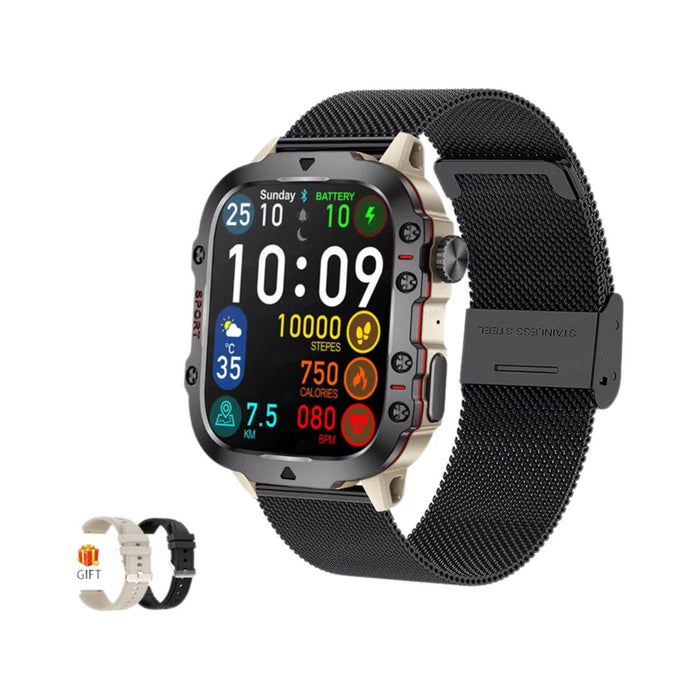Military Smart Watch Health Monitor 5ATM Black Mesh with Grey strap