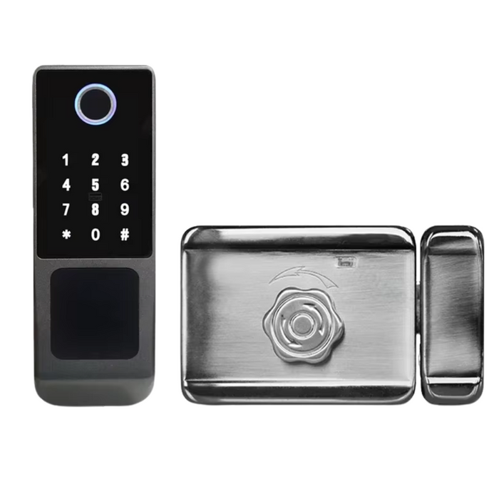 Smart door lock with fingerprint, card, key, password, WiFi & Bluetooth