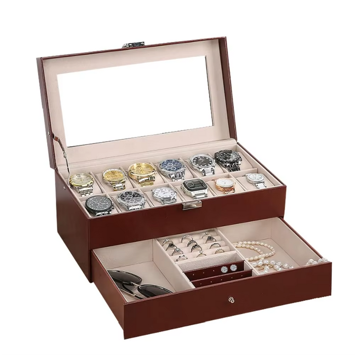 Brown beige leather lockable watch box with 12 slots for storage