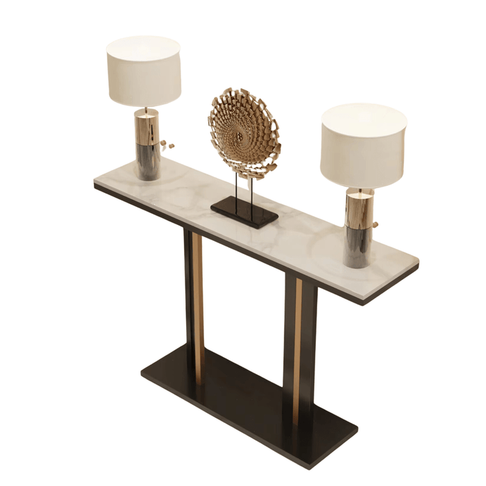 Black-and-gold marble console table with metal iron frame in hallway