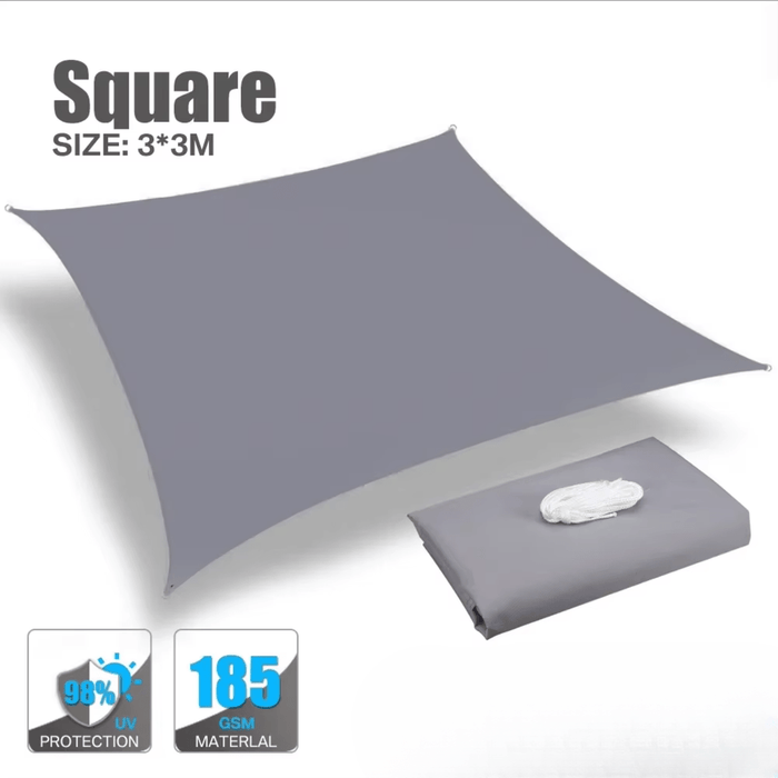 Water Resistant UV Proof Garden Shade Sail (Square 3x3M) with 185 GSM HDPE polyester cloth material and 98% UV protection