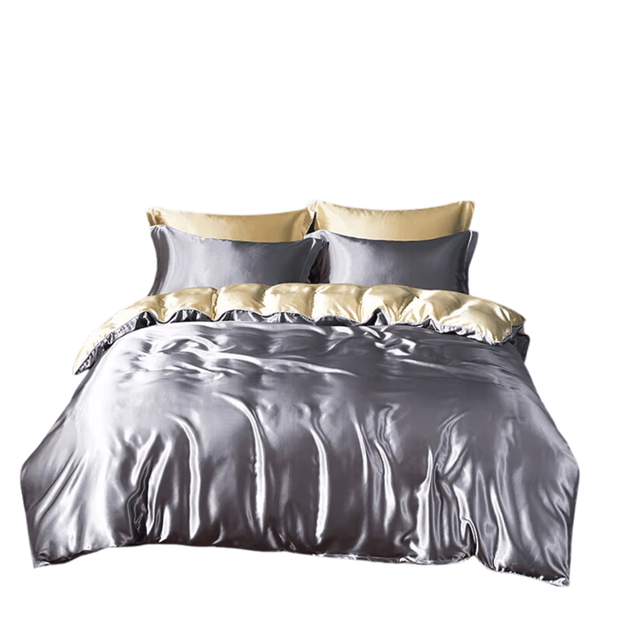 Luxury satin bedding set with fitted sheet and pillowcases in silver grey camel color