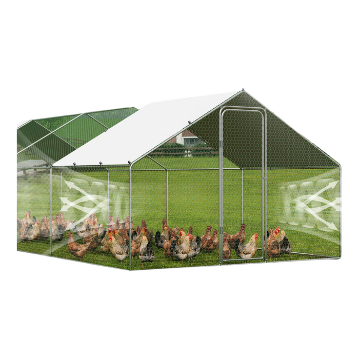 Walk-in metal chicken run with weather-resistant roof cover and galvanized steel frame