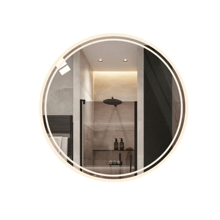 Modern round bathroom mirror with LED lights, anti-fog, and adjustable brightness