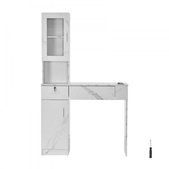 Wall-Hanging Salon Organizer Unit with Mirrors and Storage in Marble White 4047 inches