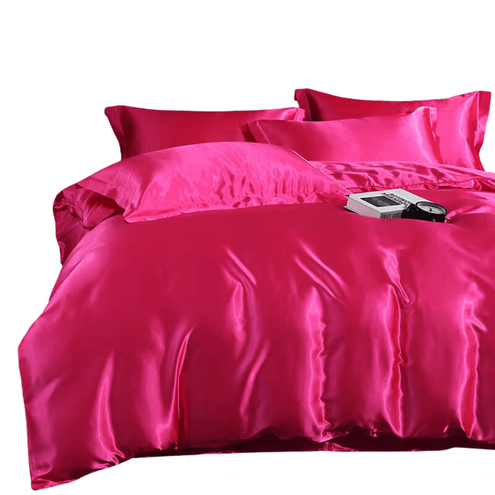 Luxury rose red satin bedding set with fitted sheet and pillowcases