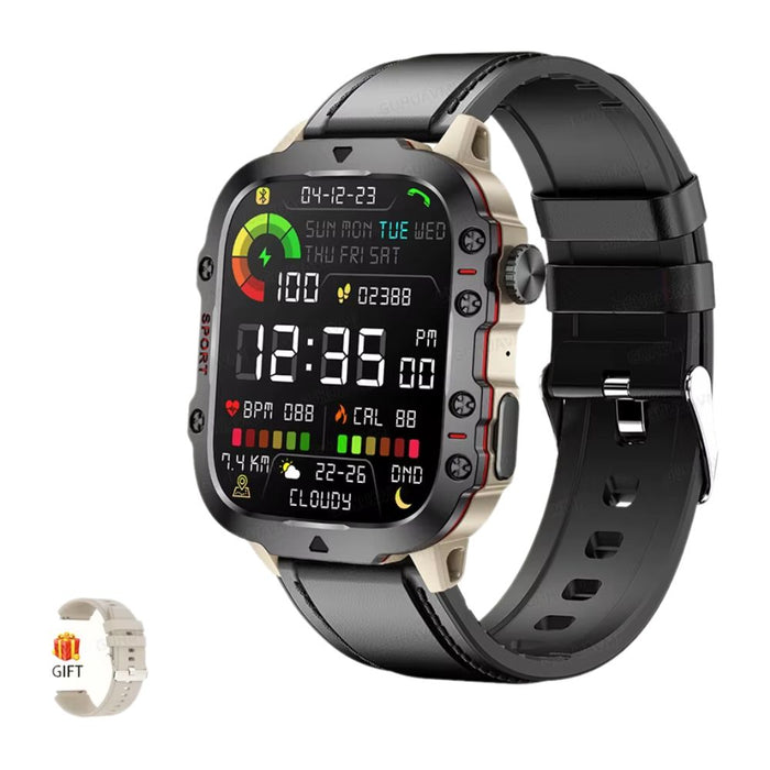 Military Smartwatch 1.96" Display 5ATM Waterproof Fitness Tracker - Black with Grey Leather