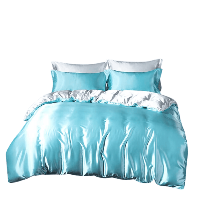 Luxury satin bedding set in sky blue and white, with duvet cover, fitted sheet, and pillowcases