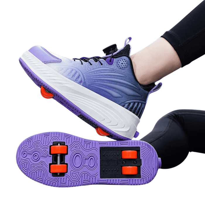 Kids roller skate shoes with retractable wheels and four-wheel design in purple, size 38
