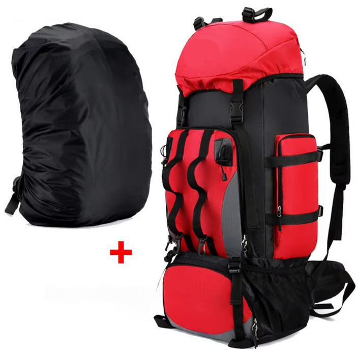 90L red waterproof hiking backpack with rain cover for camping