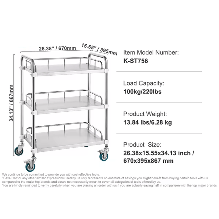 Sturdy and durable 3-tier metal lab trolley with high load capacity