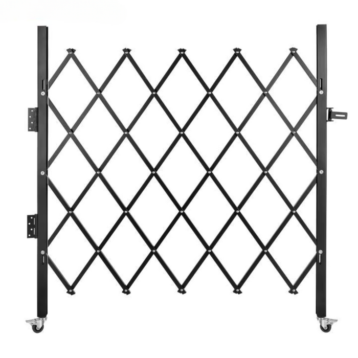 Expandable Steel Security Gate with Accordion Folding Mechanism in Black