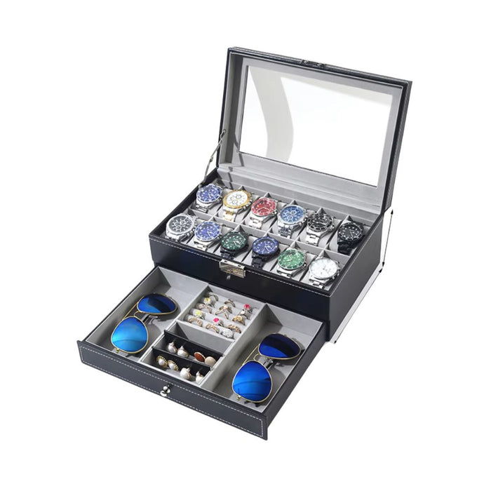 12-Slot Leather Watch Box, 2-Tier Organizer, Black Gray