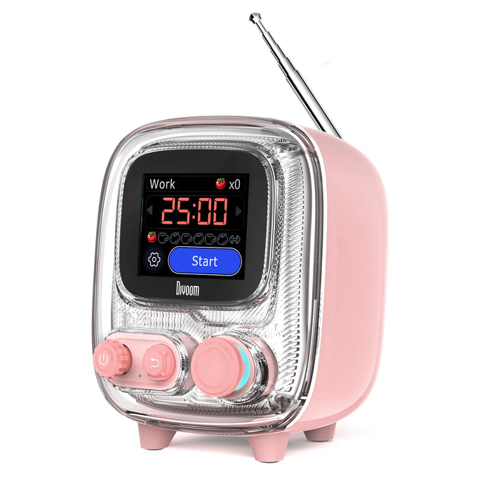 Package Contents Include Retro Bluetooth Speaker in Pink, USB Charging Cable, and User Manual
