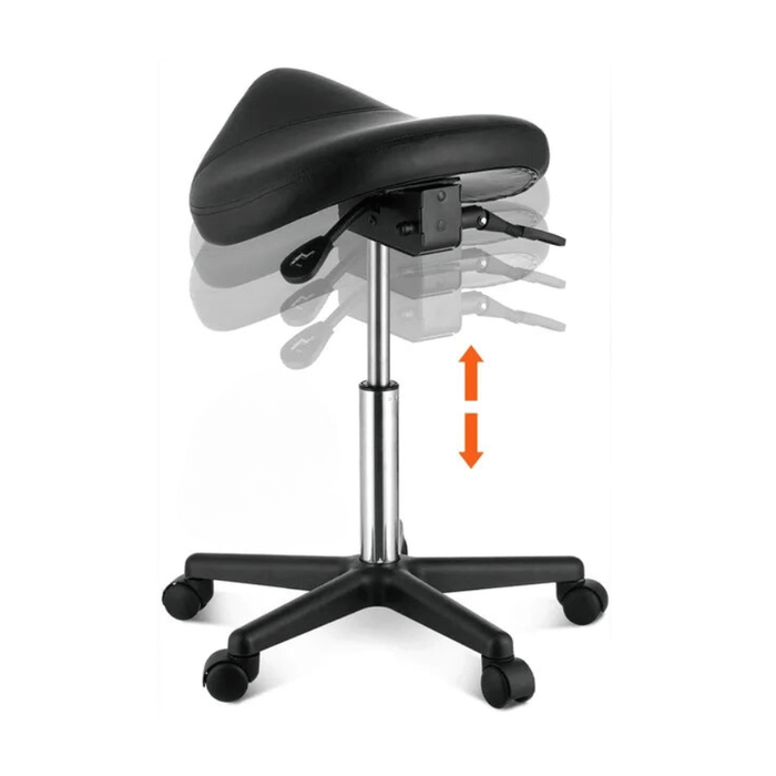 Ergonomic saddle stool with adjustable height and 360° rotation