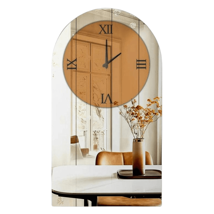 Long oblong wall clock with silver mirrored surface and Roman numerals, perfect for modern home decor