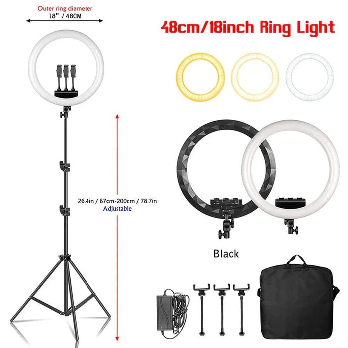 Professional 48 cm black ring light with adjustable tripod stand
