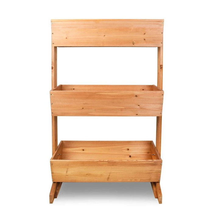 Three-tier wooden raised garden bed with planter box for growing plants